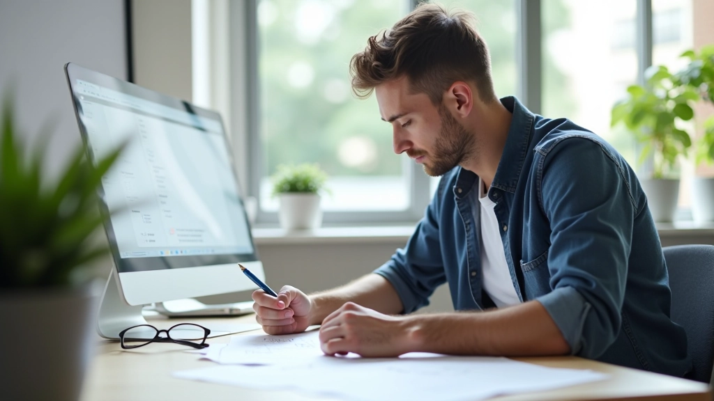 Designer che lavora su un prototipo di landing page con sketch e wireframe su tavolo luminoso, ambiente creativo studio