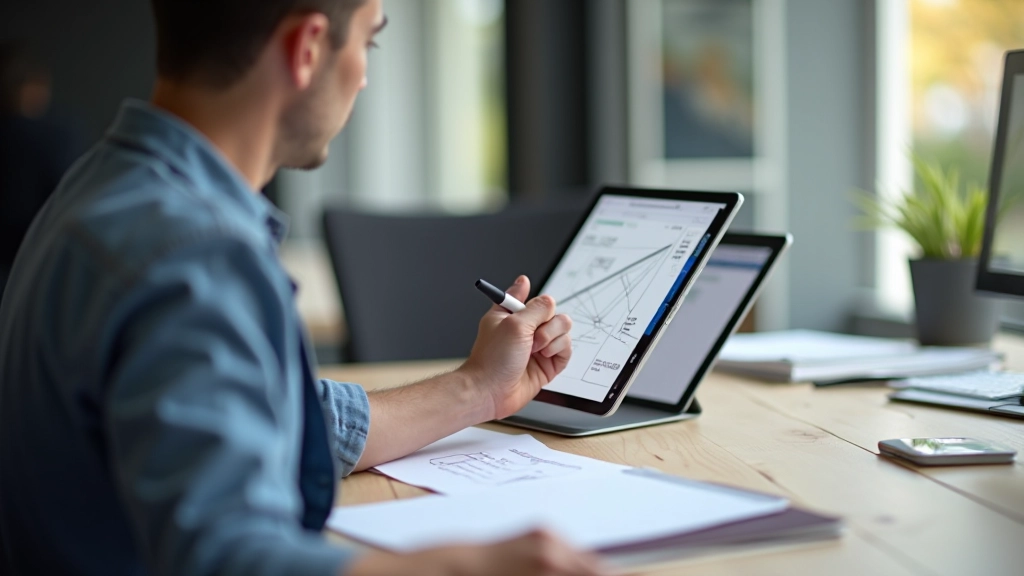 Designer che disegna una griglia di spazi bianchi su un tablet, mostrando il processo di creazione di una gerarchia visiva con respiro