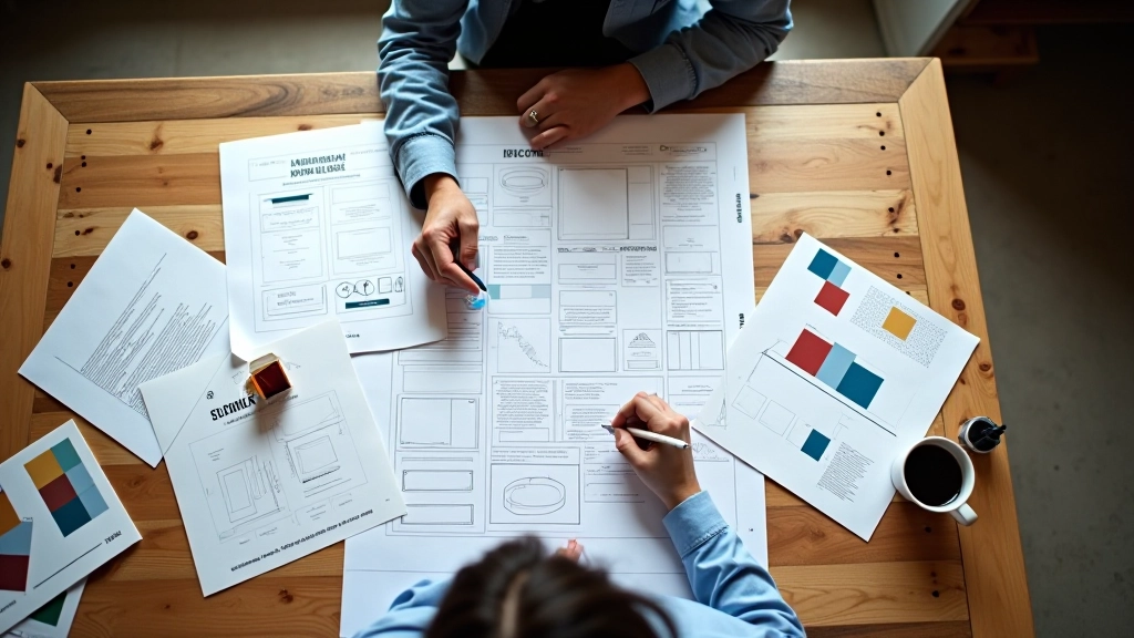 Designer che lavora su schizzi di wireframe per landing page su un grande tavolo di lavoro con colori e materiali di design sparsi