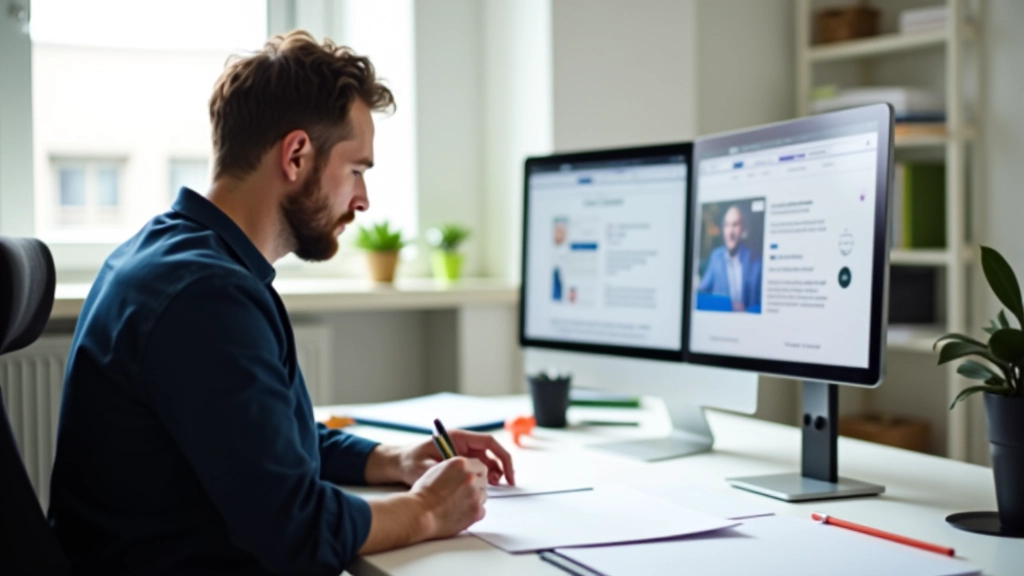 Studio di design moderno con designer che lavora su schizzi di landing page con monitor acceso che mostra una pagina web ben strutturata