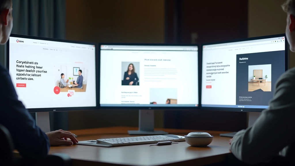 Tre monitor affiancati mostrando diversi layout di hero section con titoli, sottotitoli e immagini in equilibrio, composizione professionale