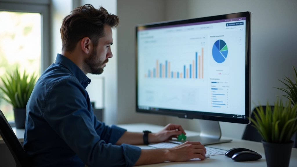 Designer che analizza metriche di conversione su uno schermo, con grafici e dati di A/B test di social proof visibili sullo sfondo